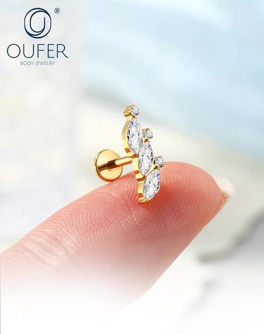 OUFER Titanium Helix Piercing Jewelry-18G Flat Back Push Pin Gold Forward Helix Earrings, Shiny Emerald CZ Labret Lip Cartilage Lobe Rook Tragus Piercing Jewelry in Kuwait
