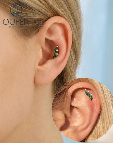 OUFER Titanium Helix Piercing Jewelry-18G Flat Back Push Pin Gold Forward Helix Earrings, Shiny Emerald CZ Labret Lip Cartilage Lobe Rook Tragus Piercing Jewelry in Kuwait