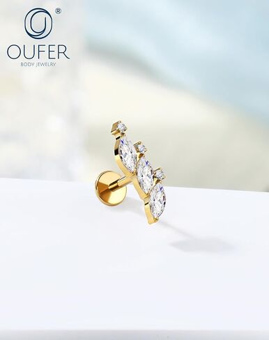 OUFER Titanium Helix Piercing Jewelry-18G Flat Back Push Pin Gold Forward Helix Earrings, Shiny Emerald CZ Labret Lip Cartilage Lobe Rook Tragus Piercing Jewelry in Kuwait