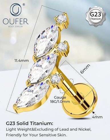 OUFER Titanium Helix Piercing Jewelry-18G Flat Back Push Pin Gold Forward Helix Earrings, Shiny Emerald CZ Labret Lip Cartilage Lobe Rook Tragus Piercing Jewelry in Kuwait