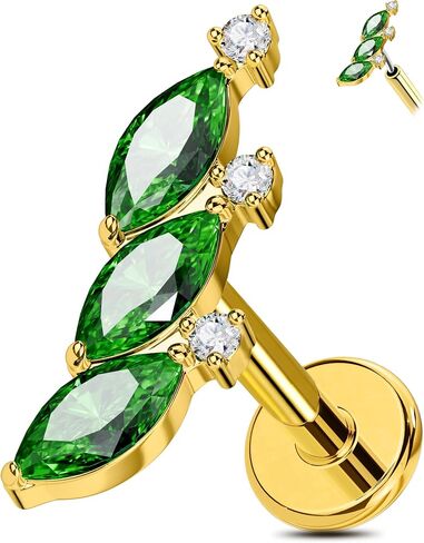 OUFER Titanium Helix Piercing Jewelry-18G Flat Back Push Pin Gold Forward Helix Earrings, Shiny Emerald CZ Labret Lip Cartilage Lobe Rook Tragus Piercing Jewelry in Kuwait