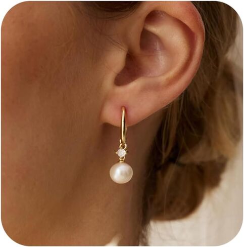 Pearl Drop Earrings for Women, Dainty Pearl Hoop Earrings 14K Gold Plated Pearls Dangle Earrings Cute Wedding Earrings for Brides Unique Gold Earrings for Women Trendy Prom Wedding Jewelry in Saudi Arabia