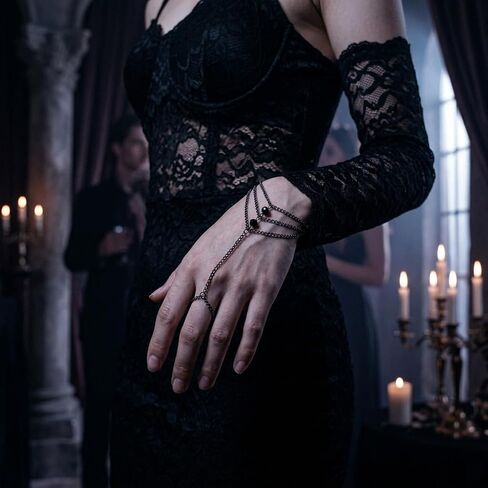 Gothic Black link Finger Chain Jewelry for Women, Black Ring Bracelet Hand Chain with Layered Chains, Punk Goth Bracelets Dark Feminine Accessories for Party Festival Streetwear in Saudi Arabia