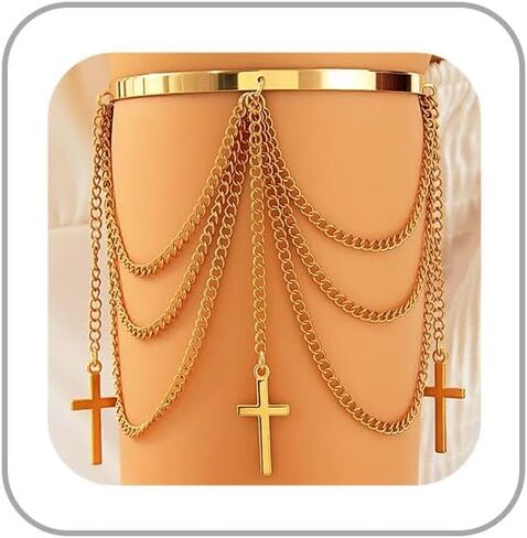 Gold Arm Cuff for Women Layered Tassel Upper Arms Chain Bracelet Bikini Armlet Adjustable Punk Arm Bracelet Upper Arm Cuff Body Jewelry for Women in Kuwait