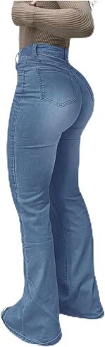 جينز نسائي Bootcut مطاطي متوسط ​​الخصر وواسع الساق جينز متوهج عتيق تشكيل نحيل جينز عصري لطيف مع فليكس 4 اتجاهات in Kuwait