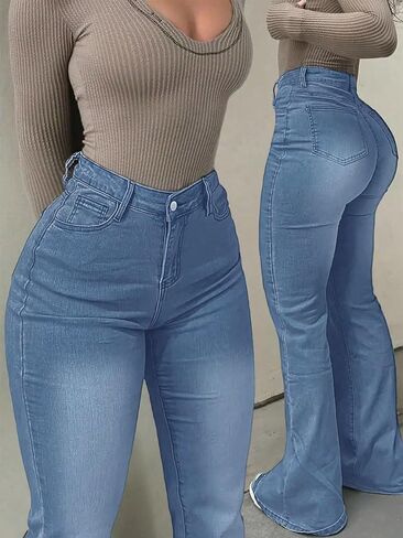 جينز نسائي Bootcut مطاطي متوسط ​​الخصر وواسع الساق جينز متوهج عتيق تشكيل نحيل جينز عصري لطيف مع فليكس 4 اتجاهات in Kuwait