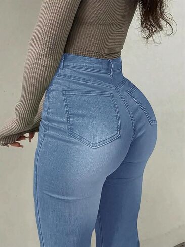جينز نسائي Bootcut مطاطي متوسط ​​الخصر وواسع الساق جينز متوهج عتيق تشكيل نحيل جينز عصري لطيف مع فليكس 4 اتجاهات in Kuwait
