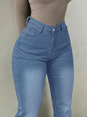 جينز نسائي Bootcut مطاطي متوسط ​​الخصر وواسع الساق جينز متوهج عتيق تشكيل نحيل جينز عصري لطيف مع فليكس 4 اتجاهات in Kuwait