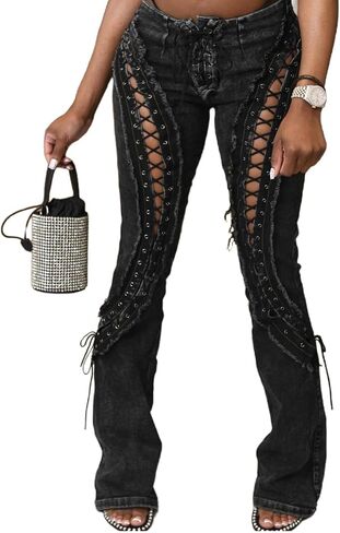 Mandonce Jeans for Women Denim Pants Cutout Low Rise Button Drawstring Hollow Raw Edge Vintage Black Pants Clubwear Sexy in Kuwait