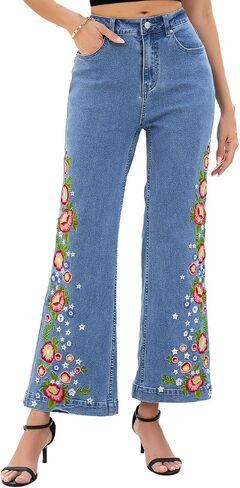 Kedera Womens Embroidered Flare Jeans Mid Rise Stretchy Wide Leg Denim Pants Floral Embroidery Casual Boho Jeans in Kuwait