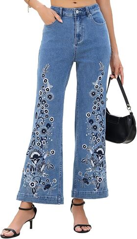 Kedera Womens Embroidered Flare Jeans Mid Rise Stretchy Wide Leg Denim Pants Floral Embroidery Casual Boho Jeans in Kuwait
