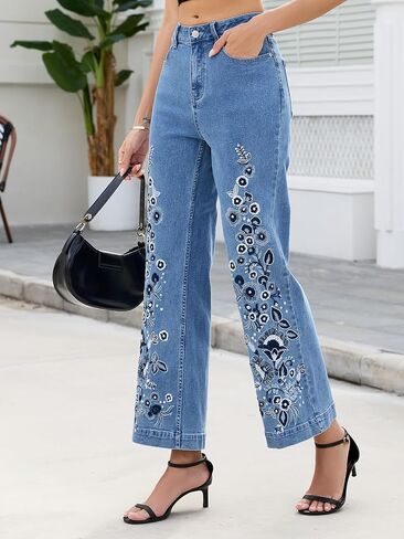 Kedera Womens Embroidered Flare Jeans Mid Rise Stretchy Wide Leg Denim Pants Floral Embroidery Casual Boho Jeans in Kuwait