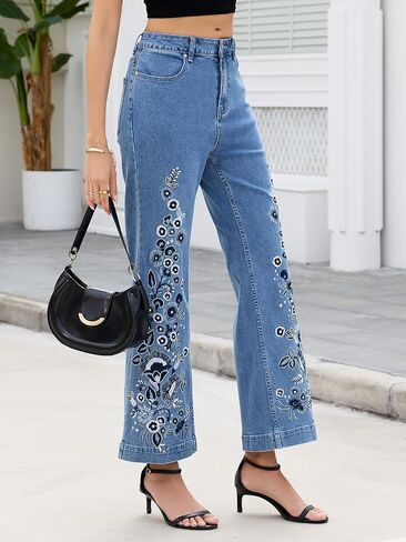 Kedera Womens Embroidered Flare Jeans Mid Rise Stretchy Wide Leg Denim Pants Floral Embroidery Casual Boho Jeans in Kuwait