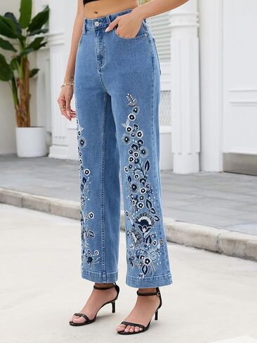 Kedera Womens Embroidered Flare Jeans Mid Rise Stretchy Wide Leg Denim Pants Floral Embroidery Casual Boho Jeans in Kuwait