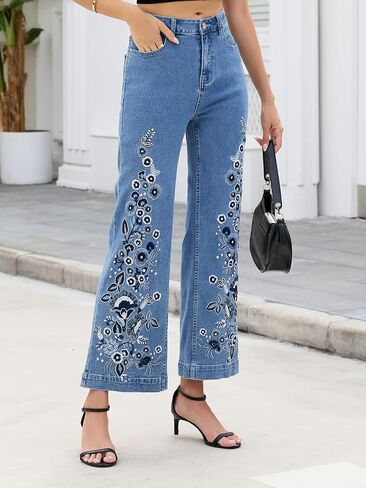 Kedera Womens Embroidered Flare Jeans Mid Rise Stretchy Wide Leg Denim Pants Floral Embroidery Casual Boho Jeans in Kuwait