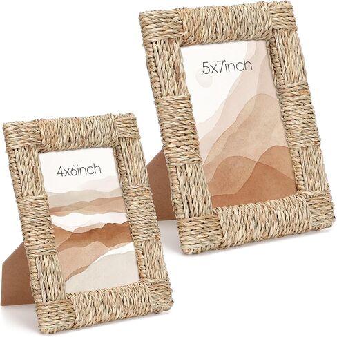 Vicenpal 2 Pack Woven Rattan Picture Frame Set, 4x6 & 5x7 Scalloped Picture Frame with Stand, Exquisite Handmade Wicker Photo Frames for Wall Tabletop Display Home Decor Accessories Gifts in Kuwait