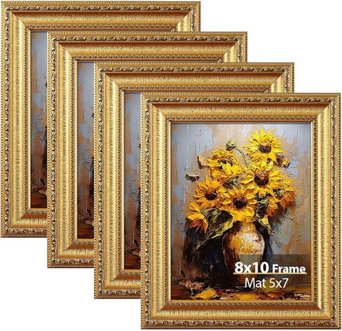 Splinterix 8x10 Gold Picture Frame Set of 4, Vintage 8 x 10 Photo Frames with Real Glass, Ornate Antique Golden Frame for Wall or Tabletop, Display 5x7 Print with Mat or 8x10 without Mat, 4 Pack in Saudi Arabia
