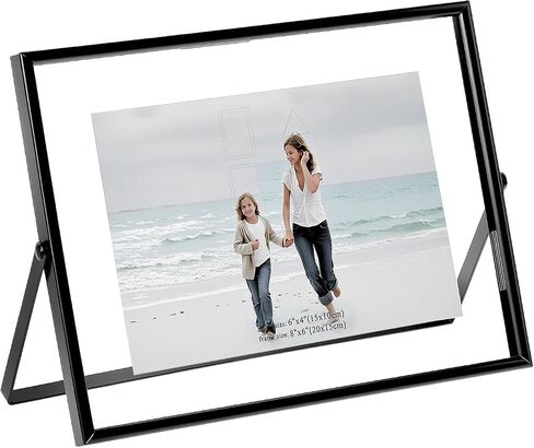 QWORK 6x8 Inch Black Floating Picture Frame Horizontal, Fits 5x7 4x6 3x5 Photos, Glass Double Panel Metal Frame for Tabletop Display in Kuwait