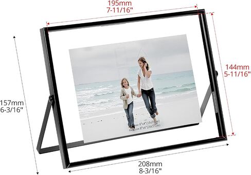QWORK 6x8 Inch Black Floating Picture Frame Horizontal, Fits 5x7 4x6 3x5 Photos, Glass Double Panel Metal Frame for Tabletop Display in Kuwait