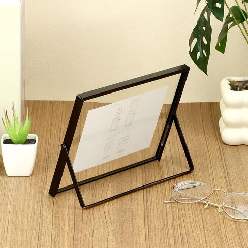 QWORK 6x8 Inch Black Floating Picture Frame Horizontal, Fits 5x7 4x6 3x5 Photos, Glass Double Panel Metal Frame for Tabletop Display in Kuwait