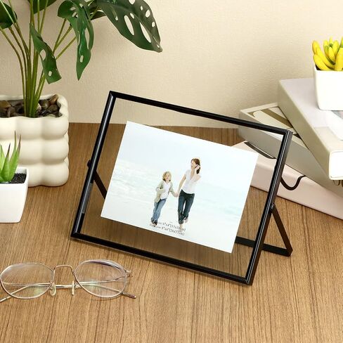 QWORK 6x8 Inch Black Floating Picture Frame Horizontal, Fits 5x7 4x6 3x5 Photos, Glass Double Panel Metal Frame for Tabletop Display in Kuwait