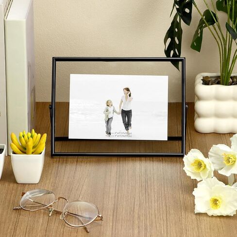 QWORK 6x8 Inch Black Floating Picture Frame Horizontal, Fits 5x7 4x6 3x5 Photos, Glass Double Panel Metal Frame for Tabletop Display in Kuwait