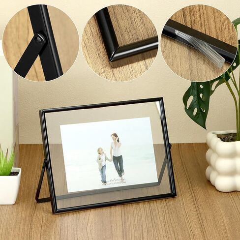 QWORK 6x8 Inch Black Floating Picture Frame Horizontal, Fits 5x7 4x6 3x5 Photos, Glass Double Panel Metal Frame for Tabletop Display in Kuwait
