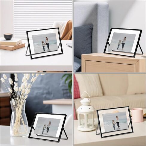 QWORK 6x8 Inch Black Floating Picture Frame Horizontal, Fits 5x7 4x6 3x5 Photos, Glass Double Panel Metal Frame for Tabletop Display in Kuwait