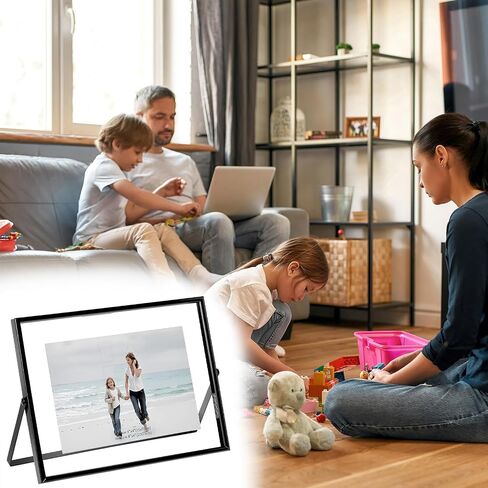 QWORK 6x8 Inch Black Floating Picture Frame Horizontal, Fits 5x7 4x6 3x5 Photos, Glass Double Panel Metal Frame for Tabletop Display in Kuwait