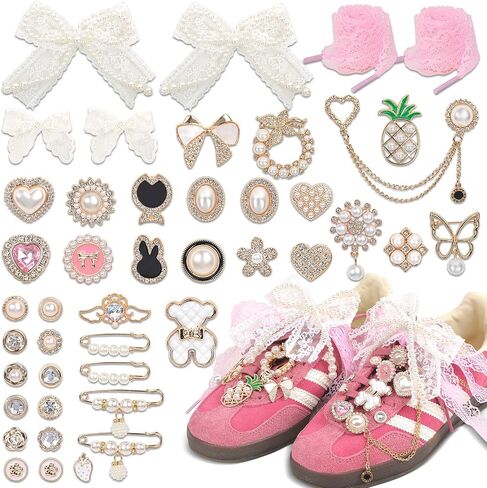 yuboo 43pcs Shoe Charms for Sneaker- Pink Lace shoelaces, Pearls & Black Bow Shoelace Charms for Sneakers, Bags, Hats | Jewelry Shoe Decorations for Women/Girls in Kuwait