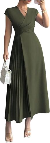 OYOANGLE Women's Elegant Cap Sleeve Belted Maxi Dress Wrap V Neck Pleated Long Dress in Saudi Arabia