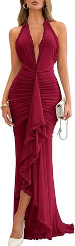 Kaei&Shi Ruffle Mermaid Formal Dress, Halter Deep V Neck Sexy Long Dresses Women, Elegant Wedding Guest Evening Gowns in Kuwait