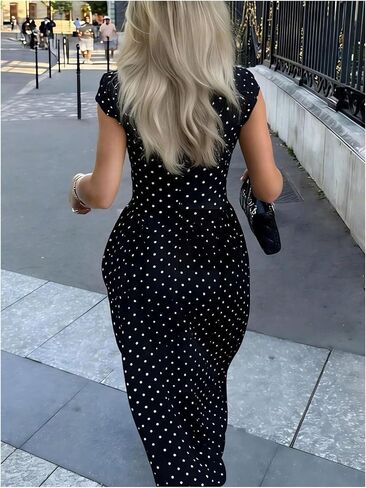 OYOANGLE Women's Polka Dots Cap Sleeve Long Dresses Mock Neck A Line Swing Dress in Kuwait