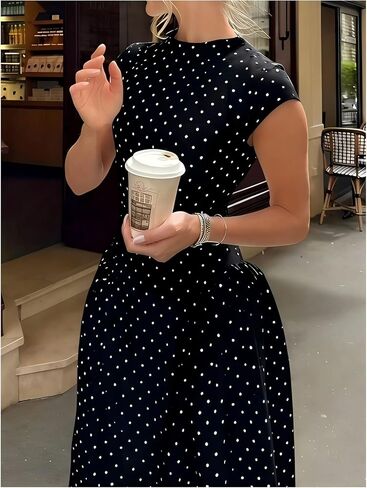 OYOANGLE Women's Polka Dots Cap Sleeve Long Dresses Mock Neck A Line Swing Dress in Kuwait