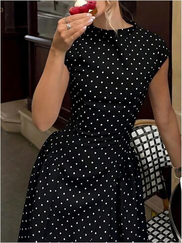 OYOANGLE Women's Polka Dots Cap Sleeve Long Dresses Mock Neck A Line Swing Dress in Kuwait
