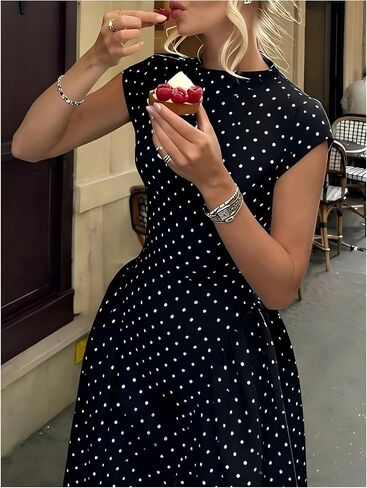 OYOANGLE Women's Polka Dots Cap Sleeve Long Dresses Mock Neck A Line Swing Dress in Kuwait