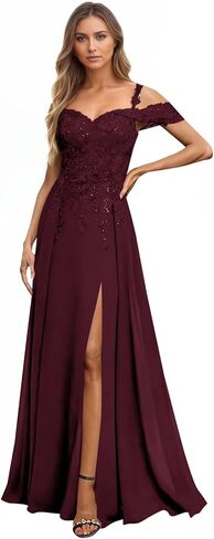 Lace Chiffon Mother of The Bride Dresses with Slit Off Shoulder A Line Mother of the Groom Dress for Wedding Guest in Saudi Arabia