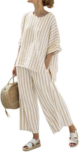 codcm Women's Cotton Linen Sets 2 Piece Striped Outfits Short Sleeve Top and Wide Leg Pants Set with Pockets in Saudi Arabia