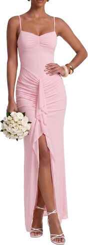 Spaghetti Strap Maxi Dress Women Ruched Bodycon Evening Gown with Front Slit and Ruffle Formal Cocktail Party Dress in Saudi Arabia