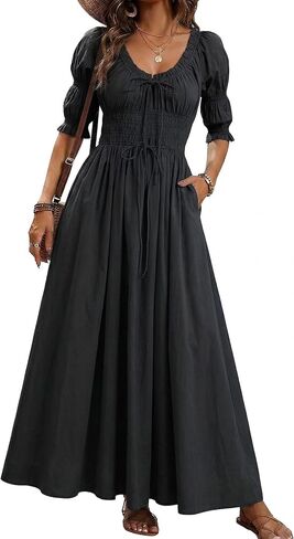 Women's Summer Puff Sleeve Maxi Dress Scoop Neck Smocked Tie Ruffle A Line Long Flowy Beach Dresses Pockets in Saudi Arabia