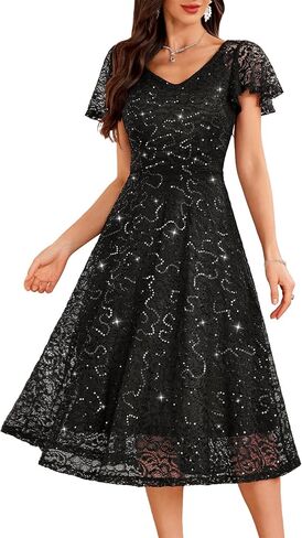 Dressystar 2026 Women's V Neck Lace Sequin Formal Wedding Guest Dress Sparkly Midi A Line Cap Sleeves Cocktail Party Dresses in Kuwait