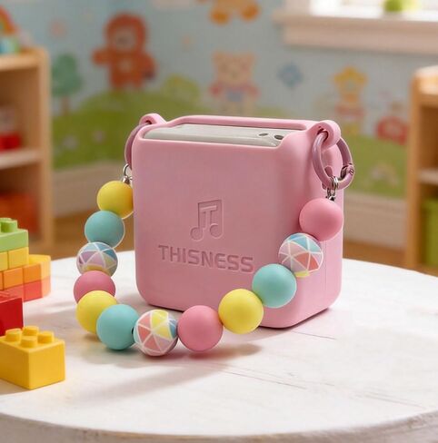 Silicone Case for Yoto Mini with Shoulder Strap and Silicone Bead Handle, Easy to Grab for Kids with Cute Color Options, Travel Adventure Jacket Silicone Cover Yoto Mini Accessories, Pink in Saudi Arabia