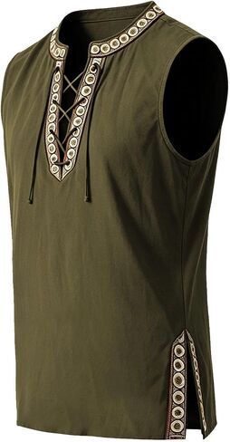 Medieval Tunic Men Renaissance Pirate Shirt Sleeveless Lace Up Embroidery Tops in Saudi Arabia