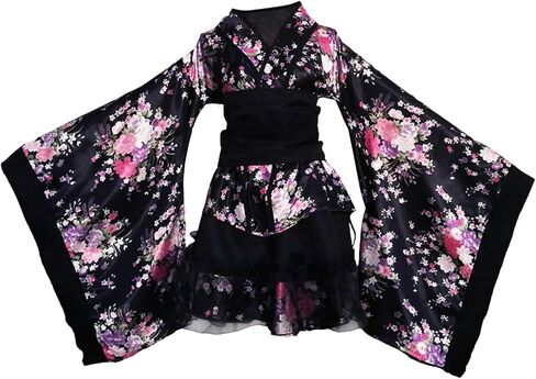 Vaveren Kimono Costume Floral Pattern Gown V Neck Cosplay Fancy Dress Elegant for Daily Casual Wear Polyester Material Blossom Bathrobe Short Dress, Black, XL in Kuwait