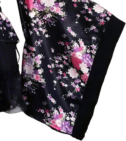 Vaveren Kimono Costume Floral Pattern Gown V Neck Cosplay Fancy Dress Elegant for Daily Casual Wear Polyester Material Blossom Bathrobe Short Dress, Black, XL in Kuwait