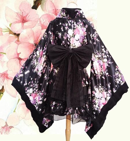 Vaveren Kimono Costume Floral Pattern Gown V Neck Cosplay Fancy Dress Elegant for Daily Casual Wear Polyester Material Blossom Bathrobe Short Dress, Black, XL in Kuwait
