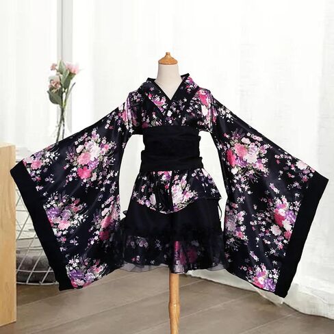 Vaveren Kimono Costume Floral Pattern Gown V Neck Cosplay Fancy Dress Elegant for Daily Casual Wear Polyester Material Blossom Bathrobe Short Dress, Black, XL in Kuwait