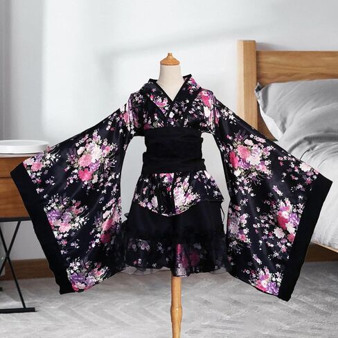 Vaveren Kimono Costume Floral Pattern Gown V Neck Cosplay Fancy Dress Elegant for Daily Casual Wear Polyester Material Blossom Bathrobe Short Dress, Black, XL in Kuwait