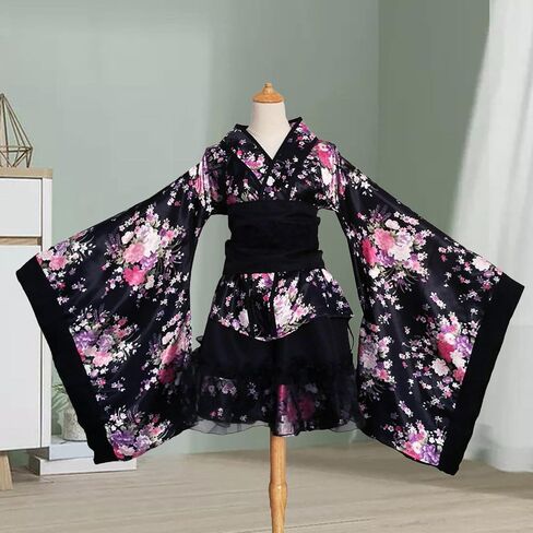 Vaveren Kimono Costume Floral Pattern Gown V Neck Cosplay Fancy Dress Elegant for Daily Casual Wear Polyester Material Blossom Bathrobe Short Dress, Black, XL in Kuwait