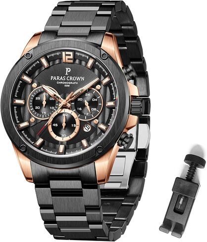PC PARAS CROWN Mens Watches Luxury Japanese Quartz Movement 5ATM Waterproof Chronograph Wrist Watches for Men Stainless Steel Case in Saudi Arabia